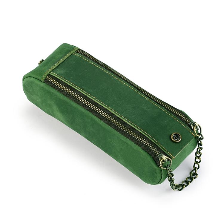 Green genuine leather pen pouch with double zippers and chain strap, vintage style