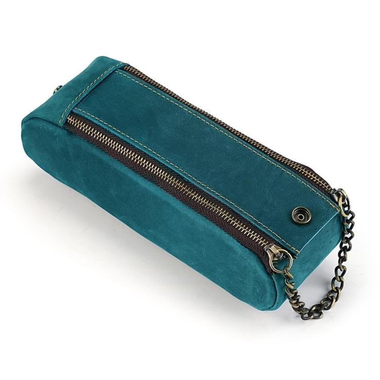 Teal genuine leather pen pouch with double zippers and chain strap