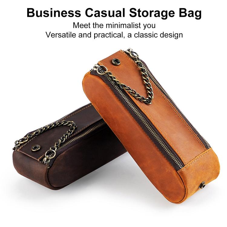 Orange and dark brown genuine leather pen pouches with double zippers and chain straps