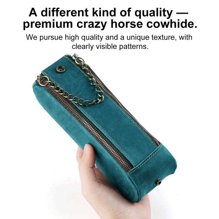 Teal genuine leather pen pouch held in hand, double zippers and chain strap
