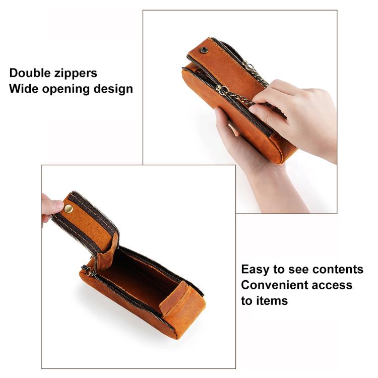 Double-zip genuine leather pen pouch with wide opening, held in hand