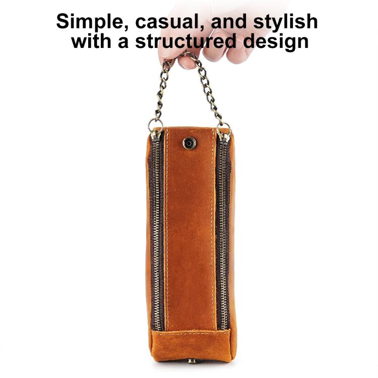 Brown leather double-zip pen pouch with chain handle and snap button front