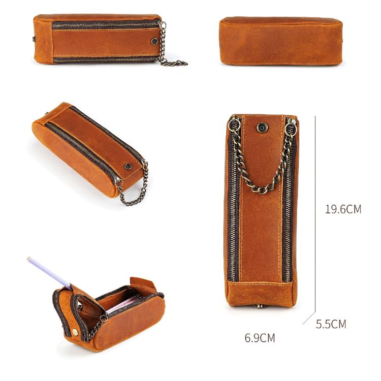 Brown leather pen case pouch with double zippers, chain strap, and snap details