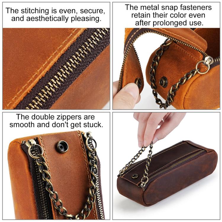 Leather pen pouch close-up: double zippers, snap closure, and chain strap
