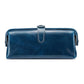 Blue leather toiletry bag with top zipper, loop handle, and side tassel pulls