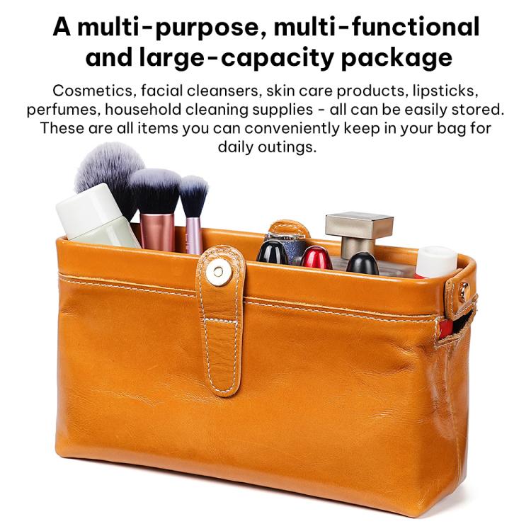 Oil-waxed leather toiletry and cosmetic bag in tan/orange with front snap strap