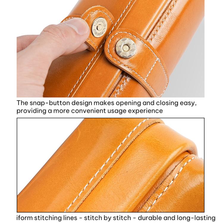 Oil-waxed leather toiletry bag detail with metal snap button and contrast stitching