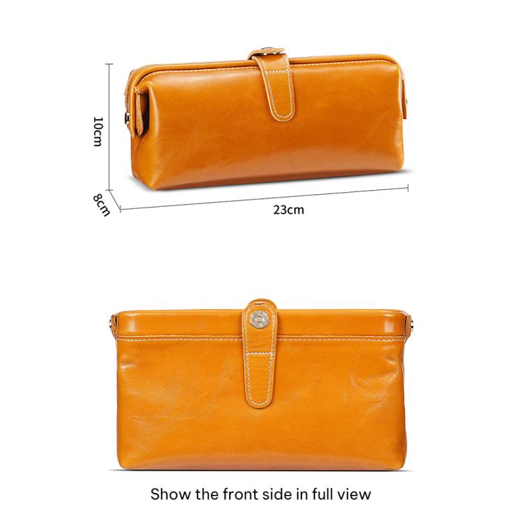 Oil-waxed leather toiletry bag tan/orange shown with front view size measurements