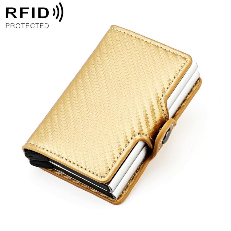 Gold carbon-fiber card bag with metal edge, fold-over flap, RFID card protection case