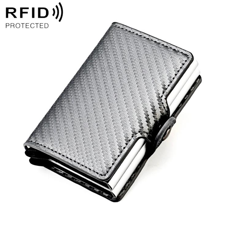 Light grey carbon-fiber card bag with metal edge, fold-over flap, RFID card protection case
