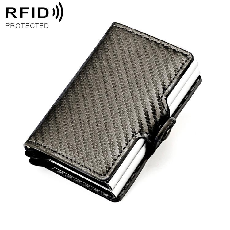 Dark grey carbon-fiber card bag with metal edge, fold-over flap, RFID card protection case