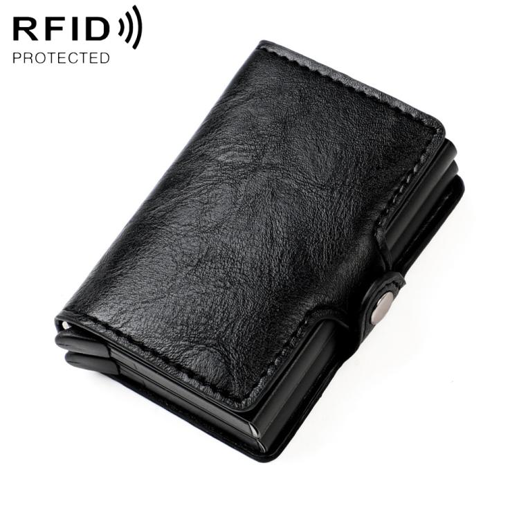 Black crazy-horse leather-look RFID card holder, double-layer folding design