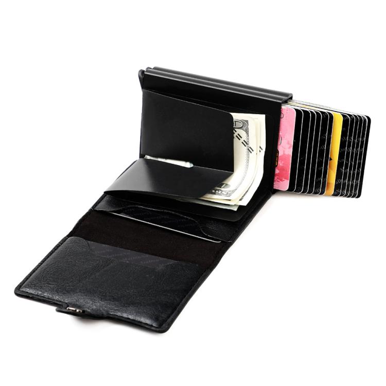 Black folding RFID card holder opened, showing internal card slots