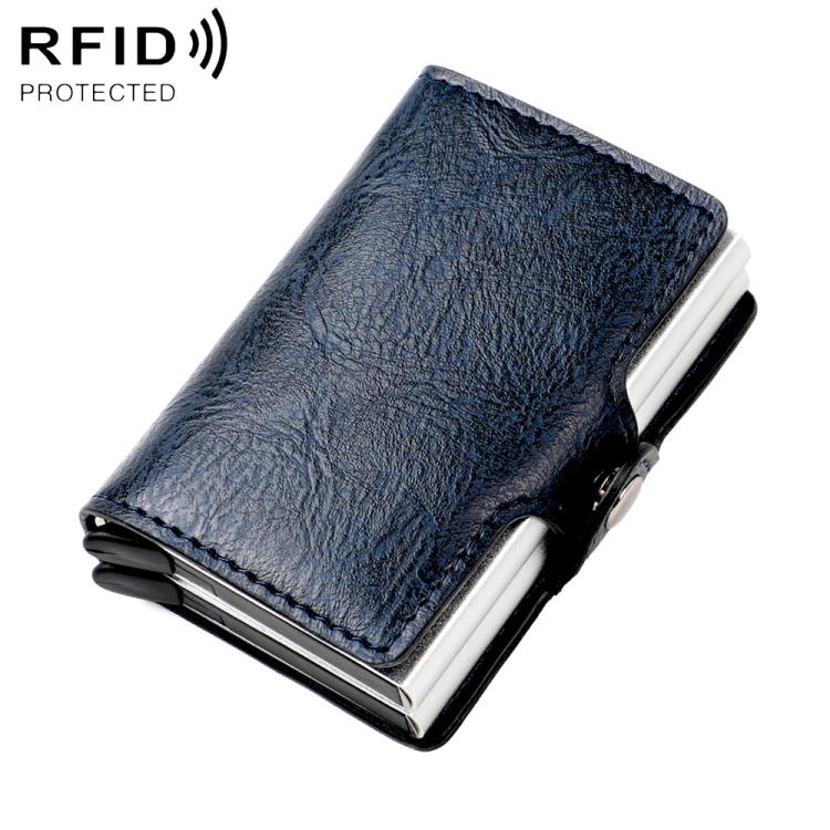 Royal blue crazy-horse RFID card holder, double-layer fold with metal accents