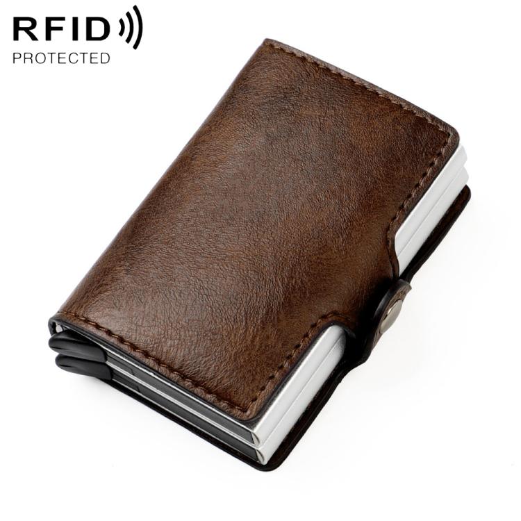 Coffee brown crazy-horse RFID card holder, double-layer fold with metal bars