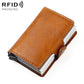 Tan orange crazy-horse RFID card holder with double-layer fold and snap loop