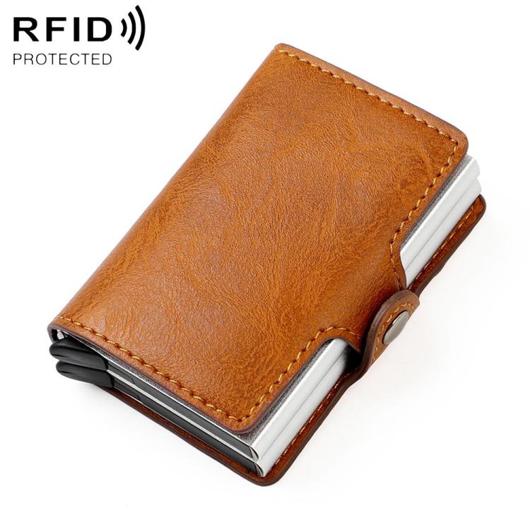Tan orange crazy-horse RFID card holder with double-layer fold and snap loop
