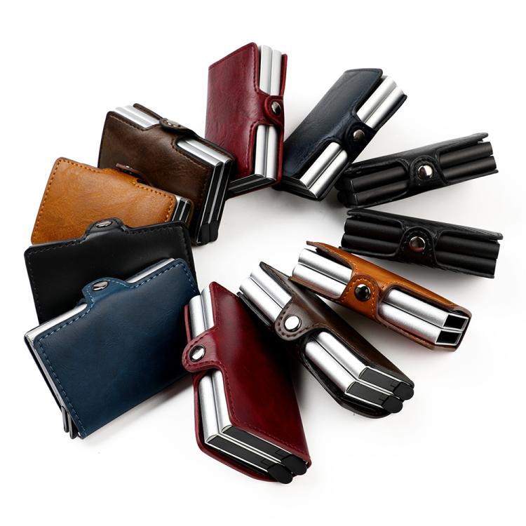 Assorted RFID card holders in multiple colors, each with metal card slot