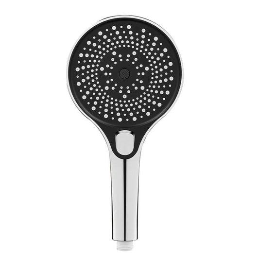 Round handheld shower head nozzle with chrome handle and black spray face, many water holes