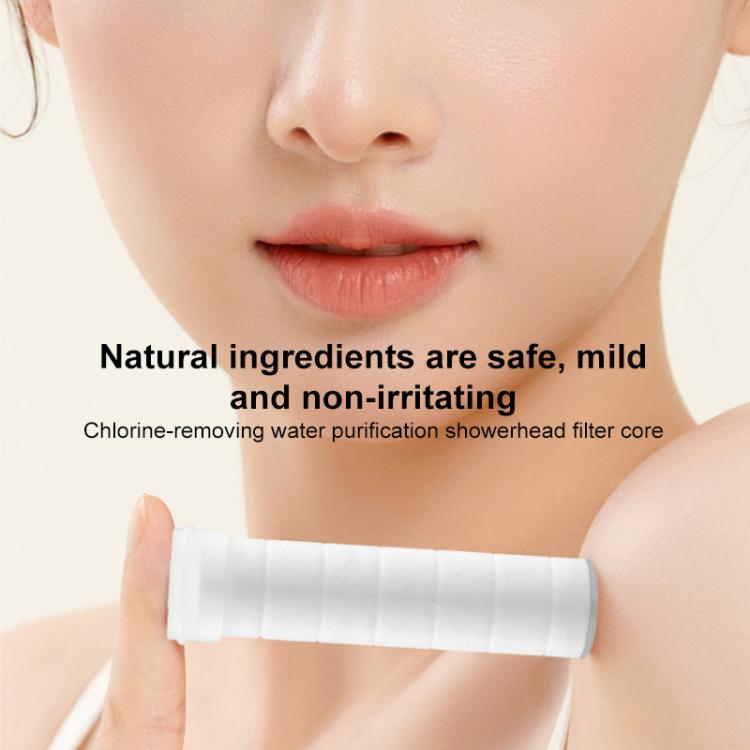 White shower filter cartridge held in hand, chlorine-removing PP cotton core