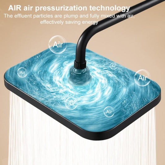 Square overhead shower head with black outlet face and visible water spray swirl