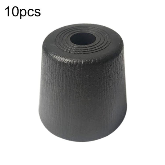 Black plastic furniture support foot with ribbed top rim and central mounting hole