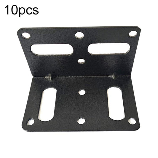 Black L-shaped corner bracket plate set with elongated slots and round mounting holes