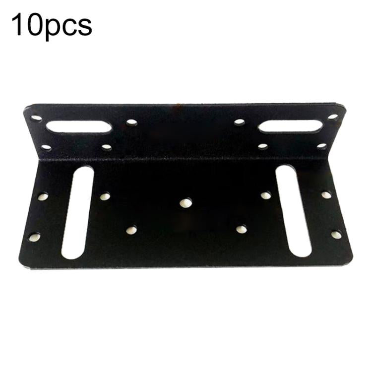 Black L-shaped furniture corner bracket plate with elongated slots and round mounting holes