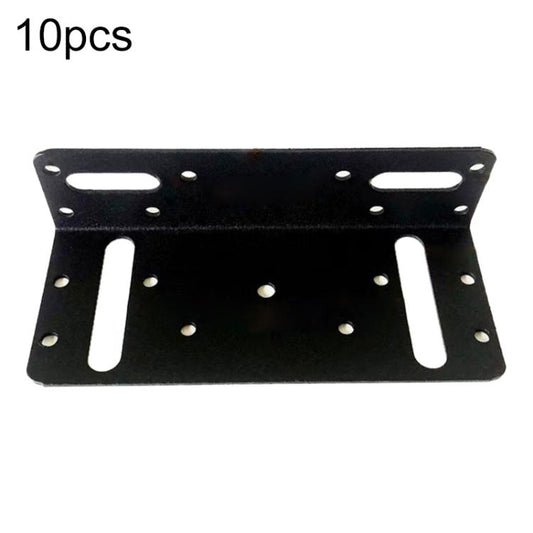 Black L-shaped furniture corner bracket plate with elongated slots and round mounting holes