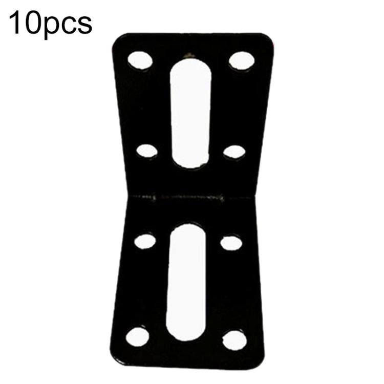 Black L-shaped furniture corner bracket with two long slots and mounting holes