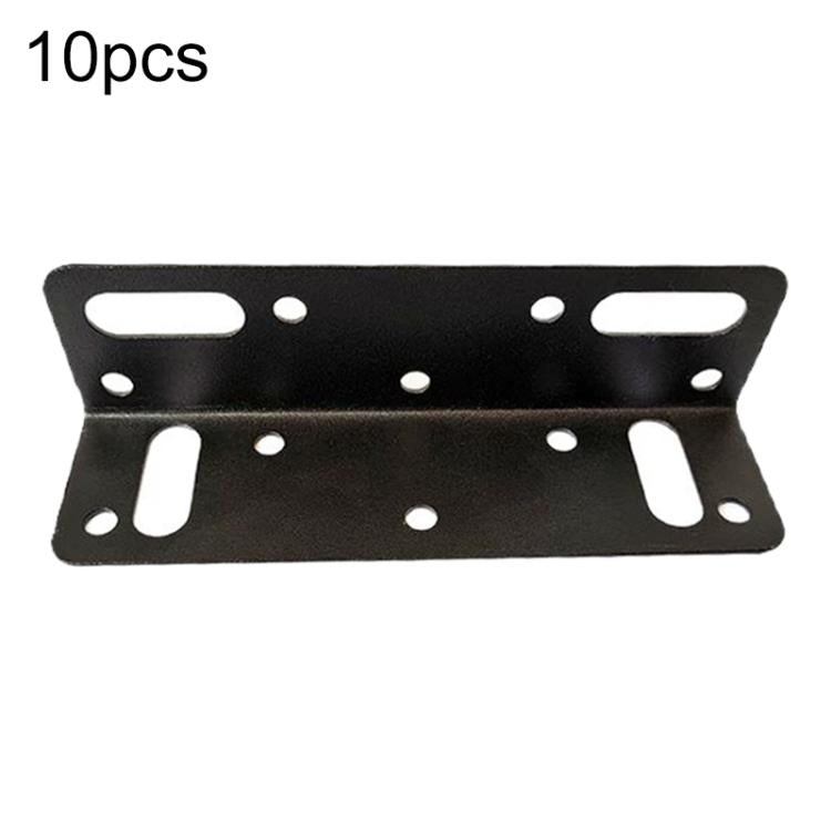 Black L-shaped corner bracket plate with elongated slots and round screw holes