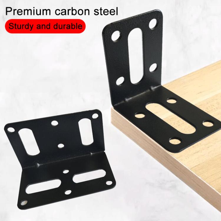 Black L-shaped corner bracket plates with elongated slots and round mounting holes