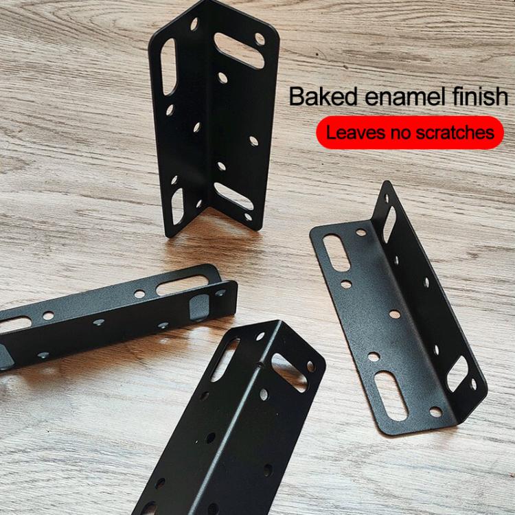 Set of black L-shaped corner brackets with slot cutouts and round mounting holes