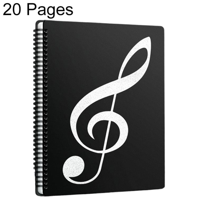 Black expandable music sheet binder folder with spiral binding and treble clef cover, 20 pages