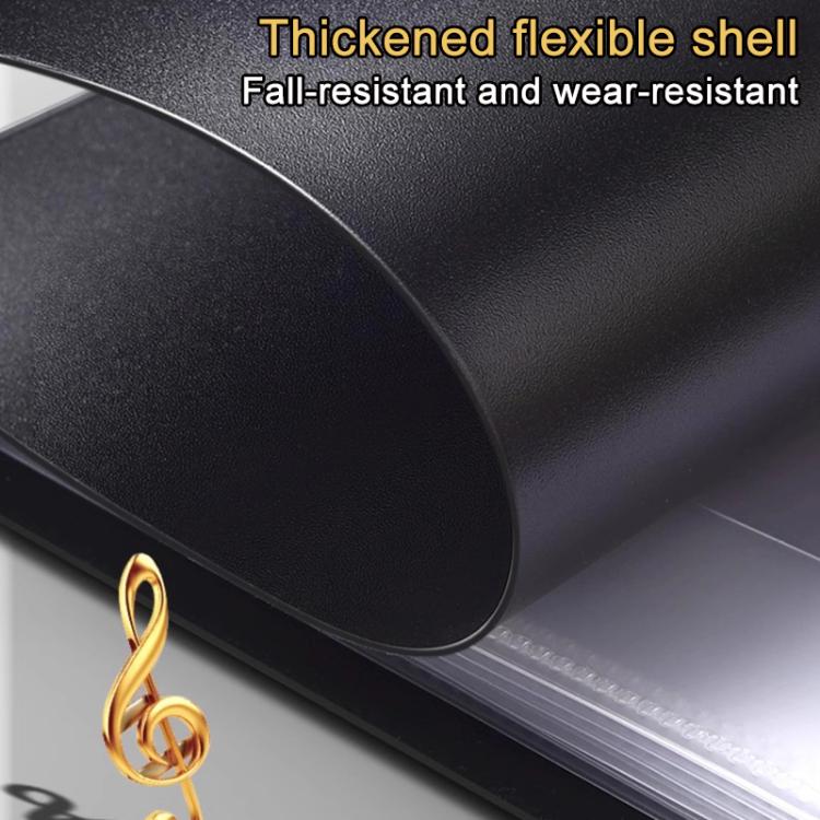 Piano music binder close-up of flexible, wear-resistant black cover edge