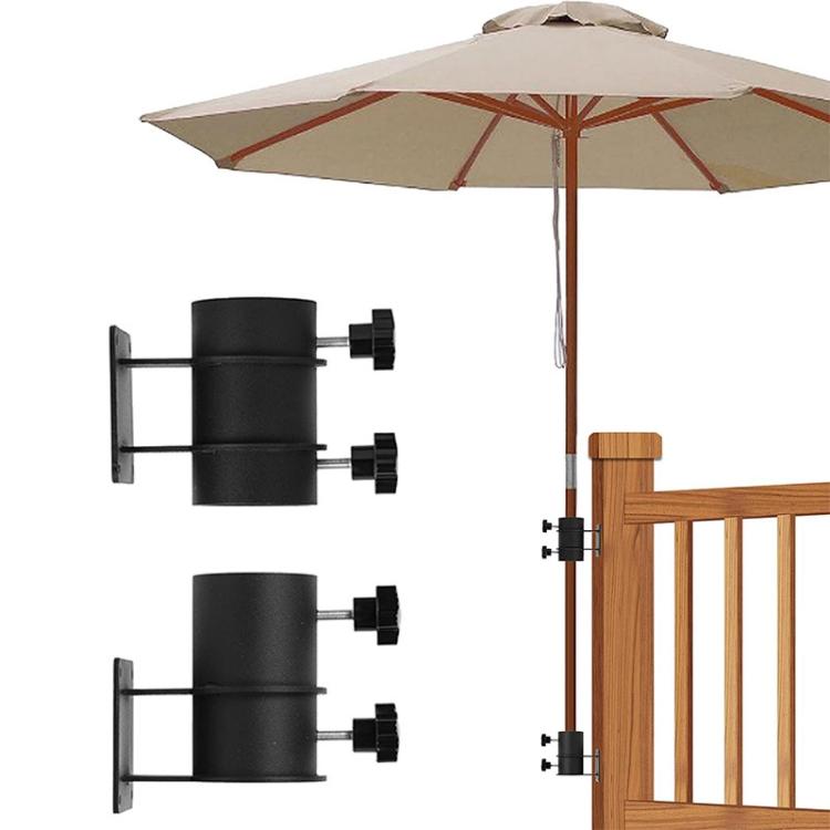 Metal umbrella holder mounting base with black clamps for patio rails