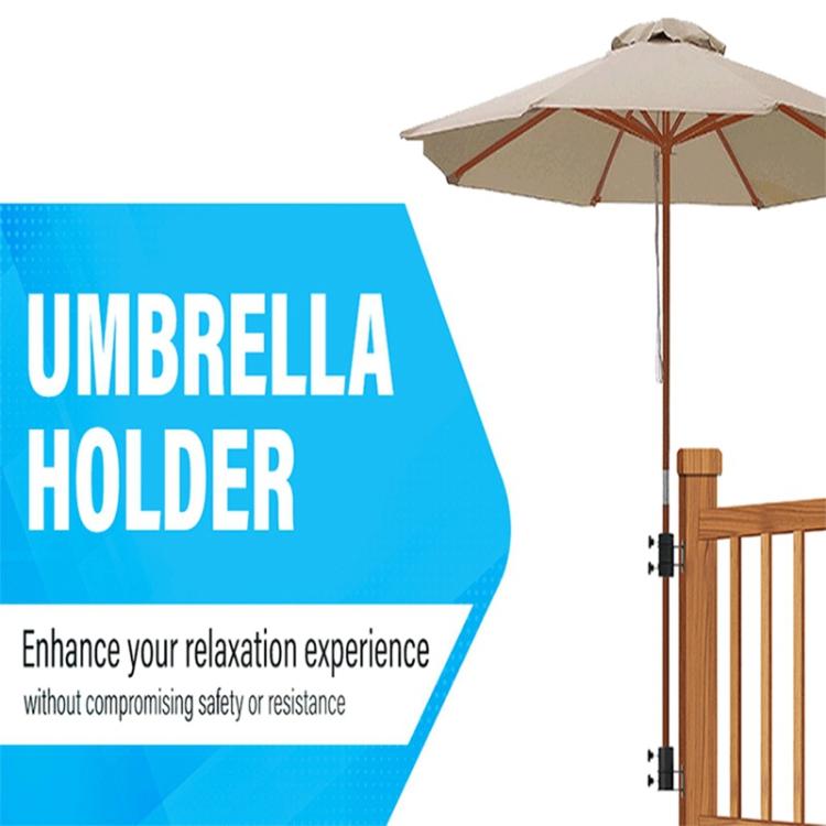 Umbrella holder mounting base with black clamps attached to wooden railing