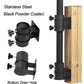 Black powder-coated stainless steel umbrella holder with clamp arms and bottom drain hole
