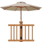 Umbrella holder mounting base centered on wooden deck railing with black clamps
