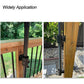 Umbrella holder clamp system on wood railing with black metal mounting base
