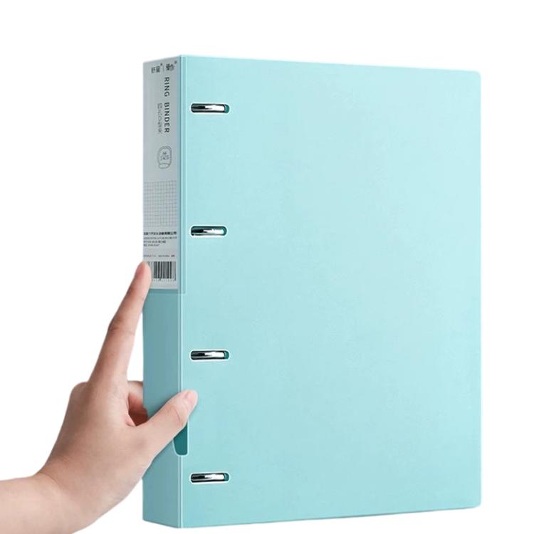 A4 four-hole binder folder, light blue, metal rings and spine label visible