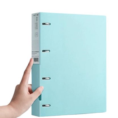 A4 four-hole binder folder, light blue, metal rings and spine label visible