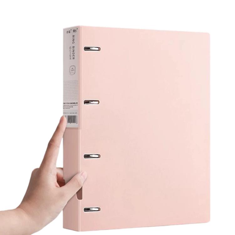 A4 four-hole binder folder, light pink, side spine with four metal rings shown