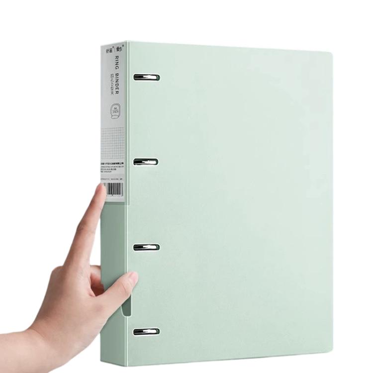 A4 four-hole binder folder, light green, side spine with four metal rings shown