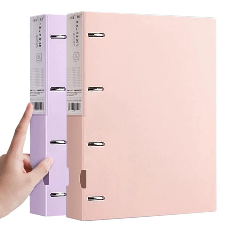 A4 four-hole document binder folders set: purple and pink, held side by side