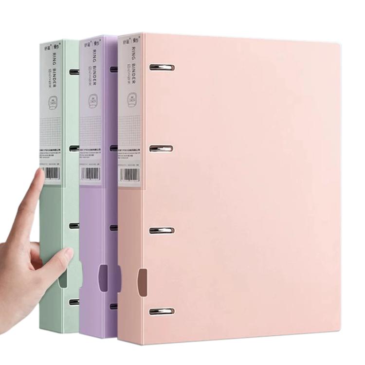 A4 four-hole binder folder set, light pink front with green and purple spines behind