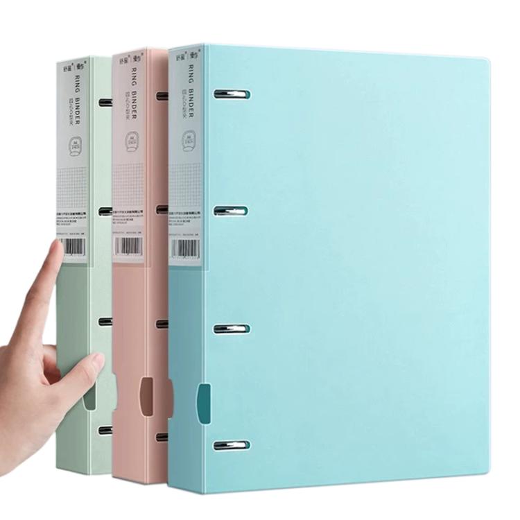 Four-hole A4 document binder folder, pastel blue cover with metal slot holes and hand