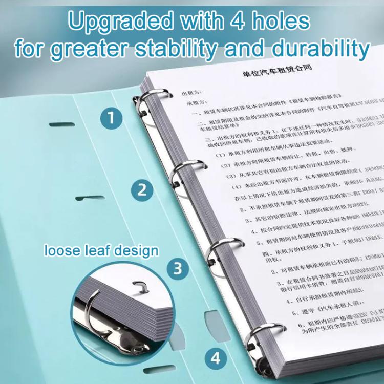 Four-hole A4 binder folder with metal rings and document pages on turquoise cover
