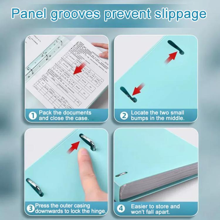 Teal four-hole binder folder with hinged panel and documents secured