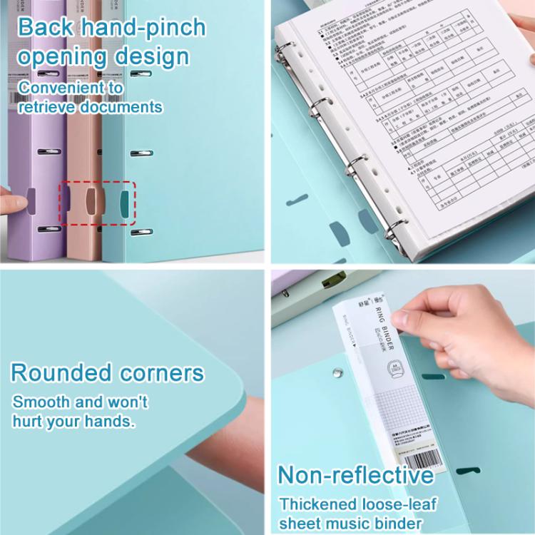 Teal four-hole binder folder with metal rings and rounded corner cover